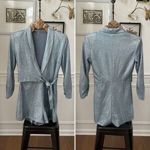 Boutique Brand Ice Blue Metallic Long Sleeve Wrap Front Romper S